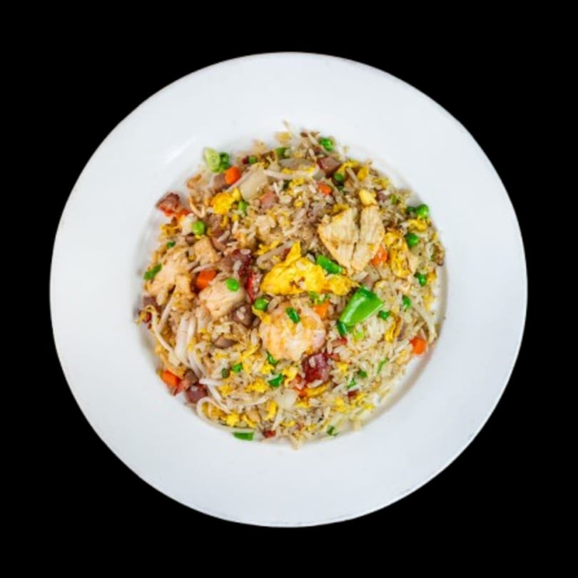 Canton Bistro's special fried rice with chicken, shrimp, pork, egg, and vegetables on a white plate.